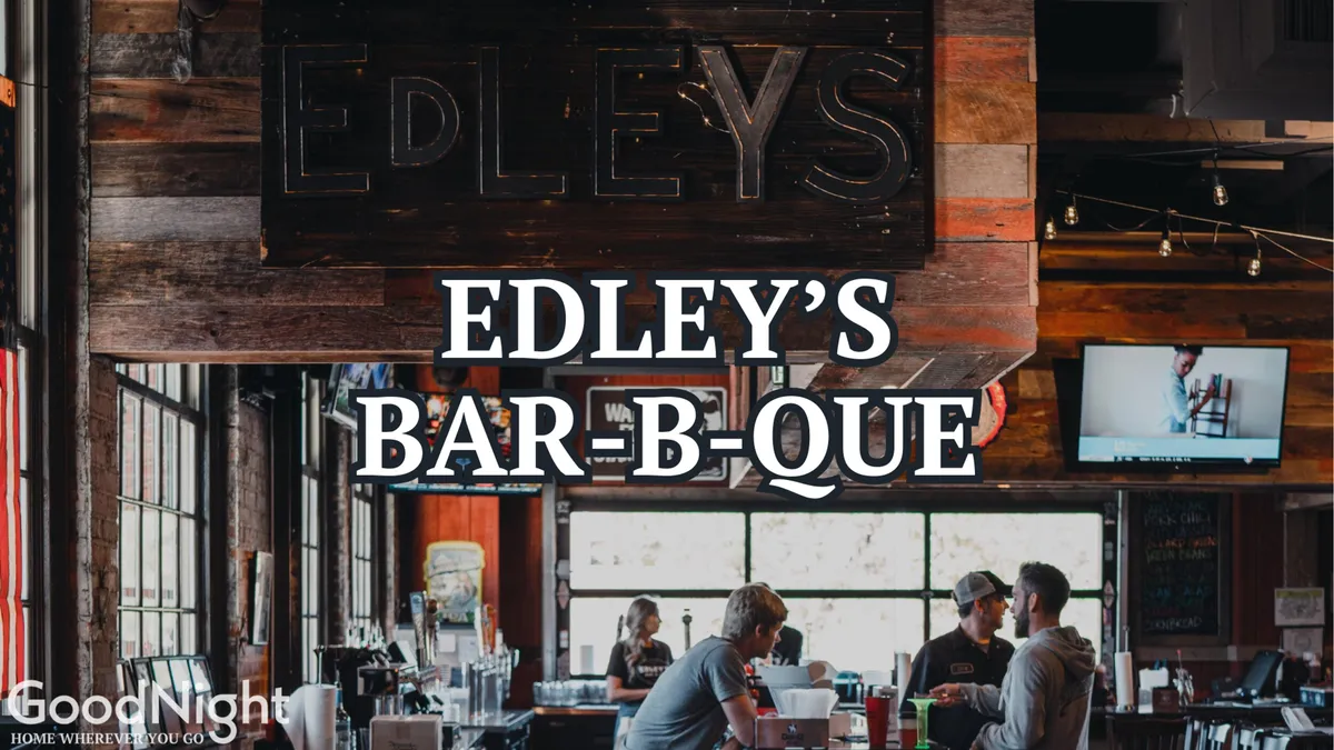 An energetic interior look at Edley’s Bar-B-Que, featuring its prominent signage, bustling bar area, and groups of patrons enjoying meals and drinks. The scene evokes the spirit of Nashville nightlife and casual gatherings among friends.