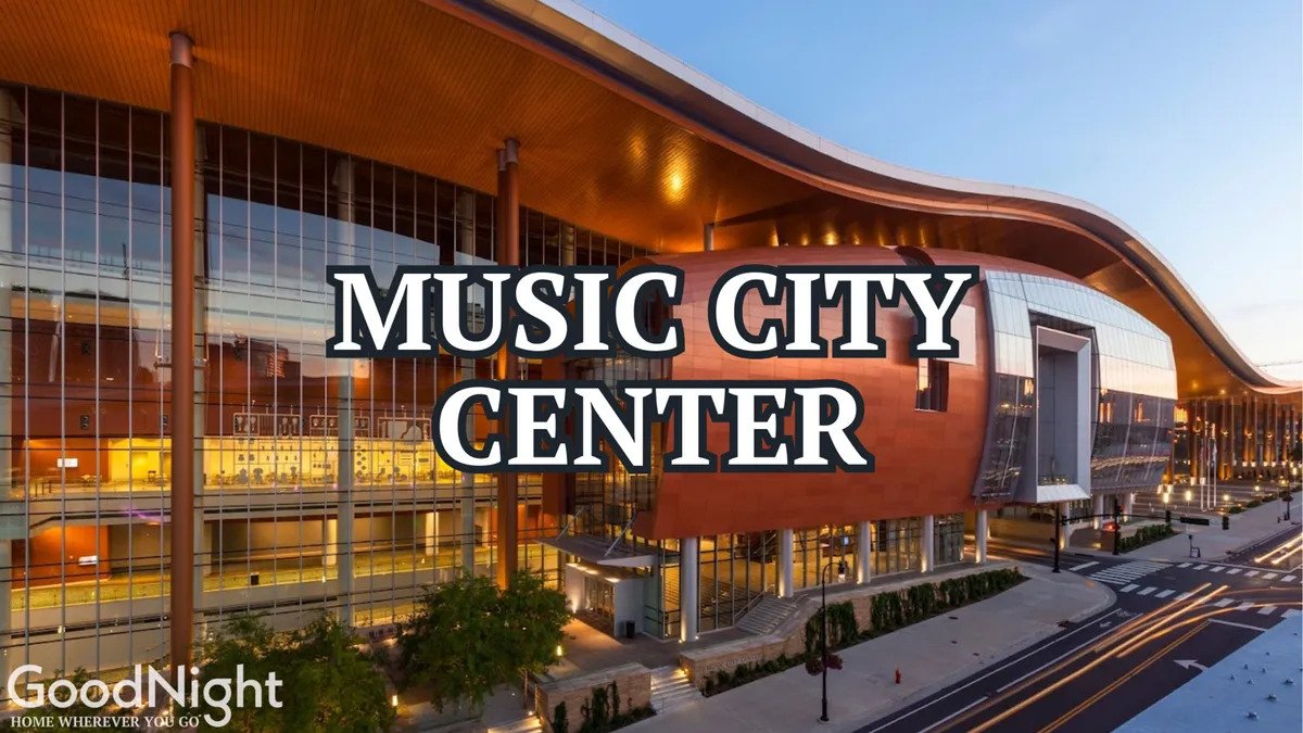 A striking exterior shot of a unique building with large glass windows and a sloping roofline, bustling with people attending concerts or exploring local art exhibits. The scene hints at a world-class performance space or a music landmark, with an energetic, urban feel.