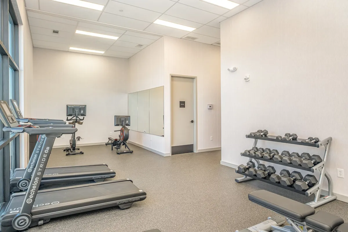 A well-equipped gym with treadmills, exercise bikes, a dumbbell rack, and a large mirror, bathed in natural light. The clean, energetic space is inviting for guests looking to maintain their fitness routines while traveling.